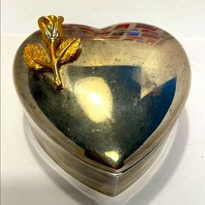 Vintage Silver Heart-Shaped Jewelry Box with Gold Flower Accent